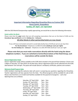 Important Information Regarding Oireachtas Rince Na Cruinne 2019 Koury Centre, Greensboro Sunday, 14Th April – 21St April 2019