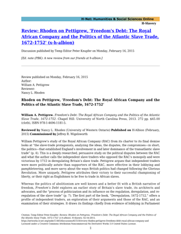 'Freedom's Debt: the Royal African Company and the Politics of the Atlantic Slave Trade, 1672-1752' (X-H-Albion)