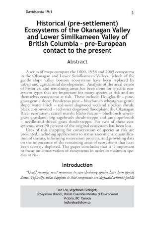 Historical (Pre-Settlement) Ecosystems of the Okanagan Valley and Lower Similkameen Valley of British Columbia – Pre-European Contact to the Present Abstract