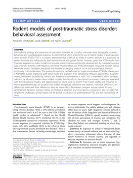 Rodent Models of Post-Traumatic Stress Disorder: Behavioral Assessment Alexander Verbitsky 1, David Dopfel 2 and Nanyin Zhang 2,3