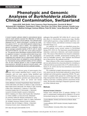 Phenotypic and Genomic Analyses of Burkholderia Stabilis Clinical Contamination, Switzerland Helena M.B