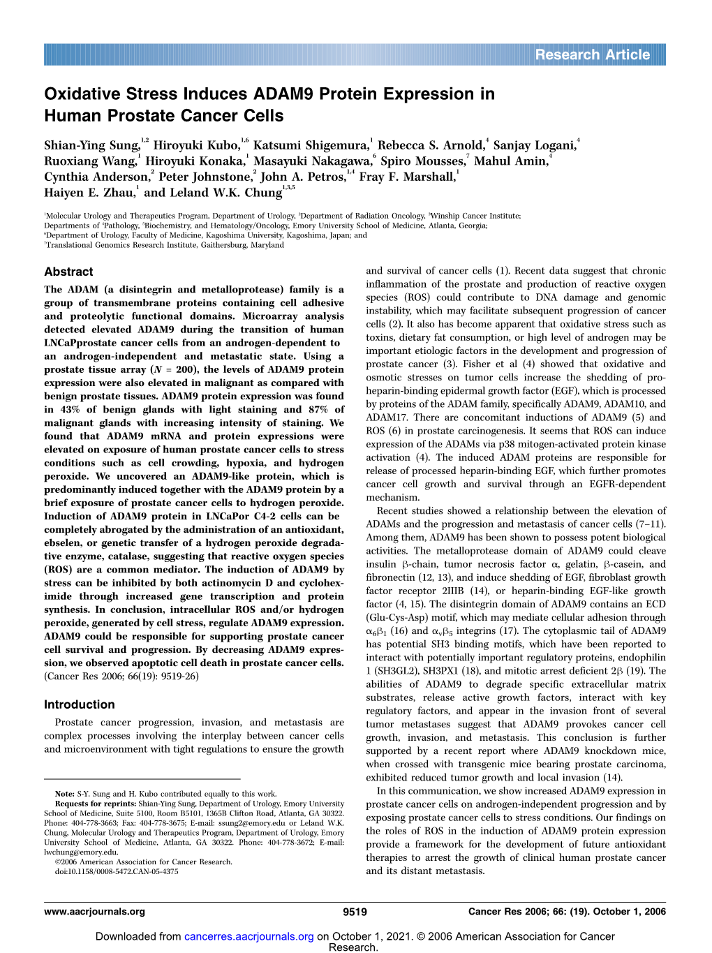 Oxidative Stress Induces ADAM9 Protein Expression in Human Prostate Cancer Cells