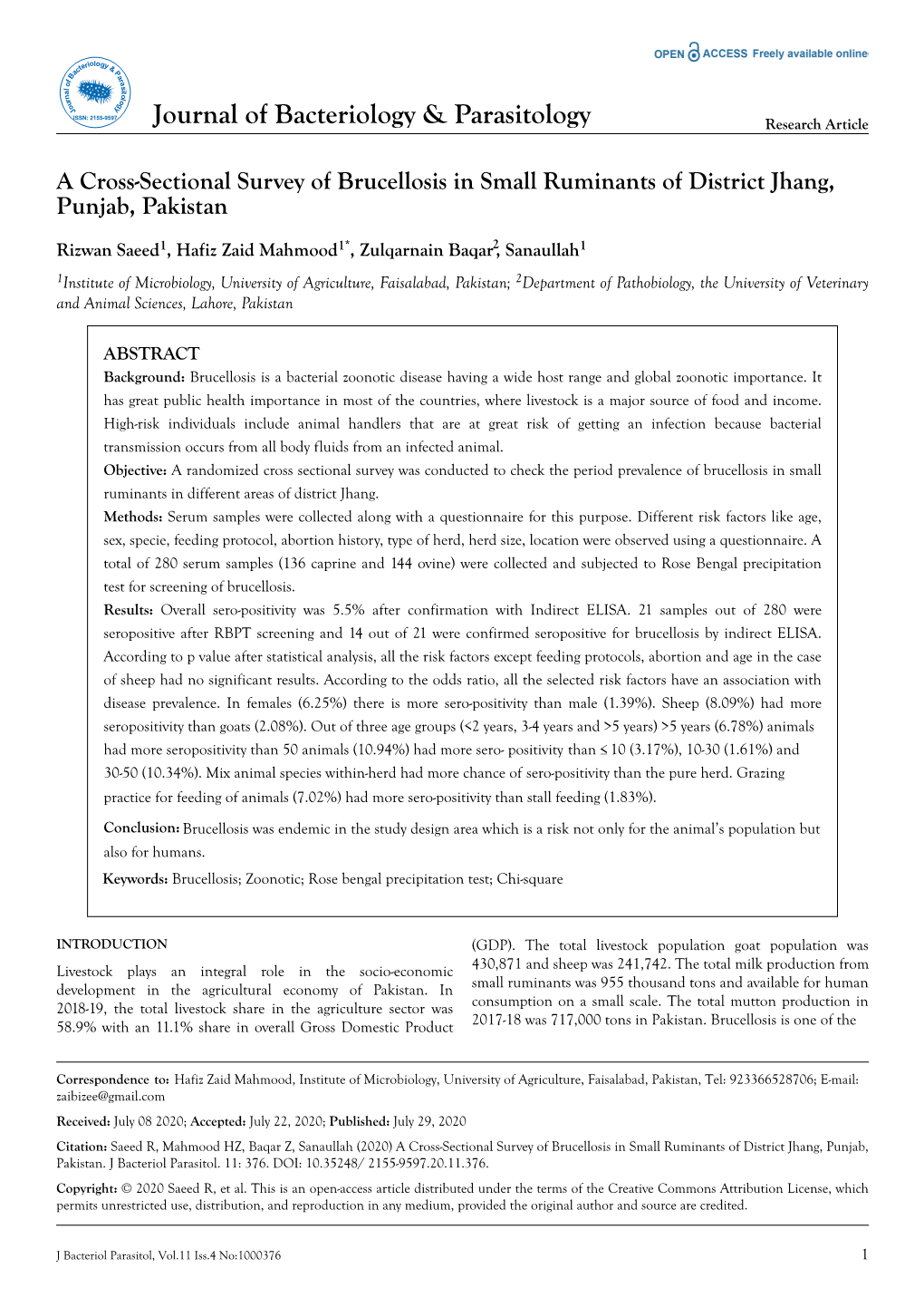 A Cross-Sectional Survey of Brucellosis in Small Ruminants of District Jhang, Punjab, Pakistan