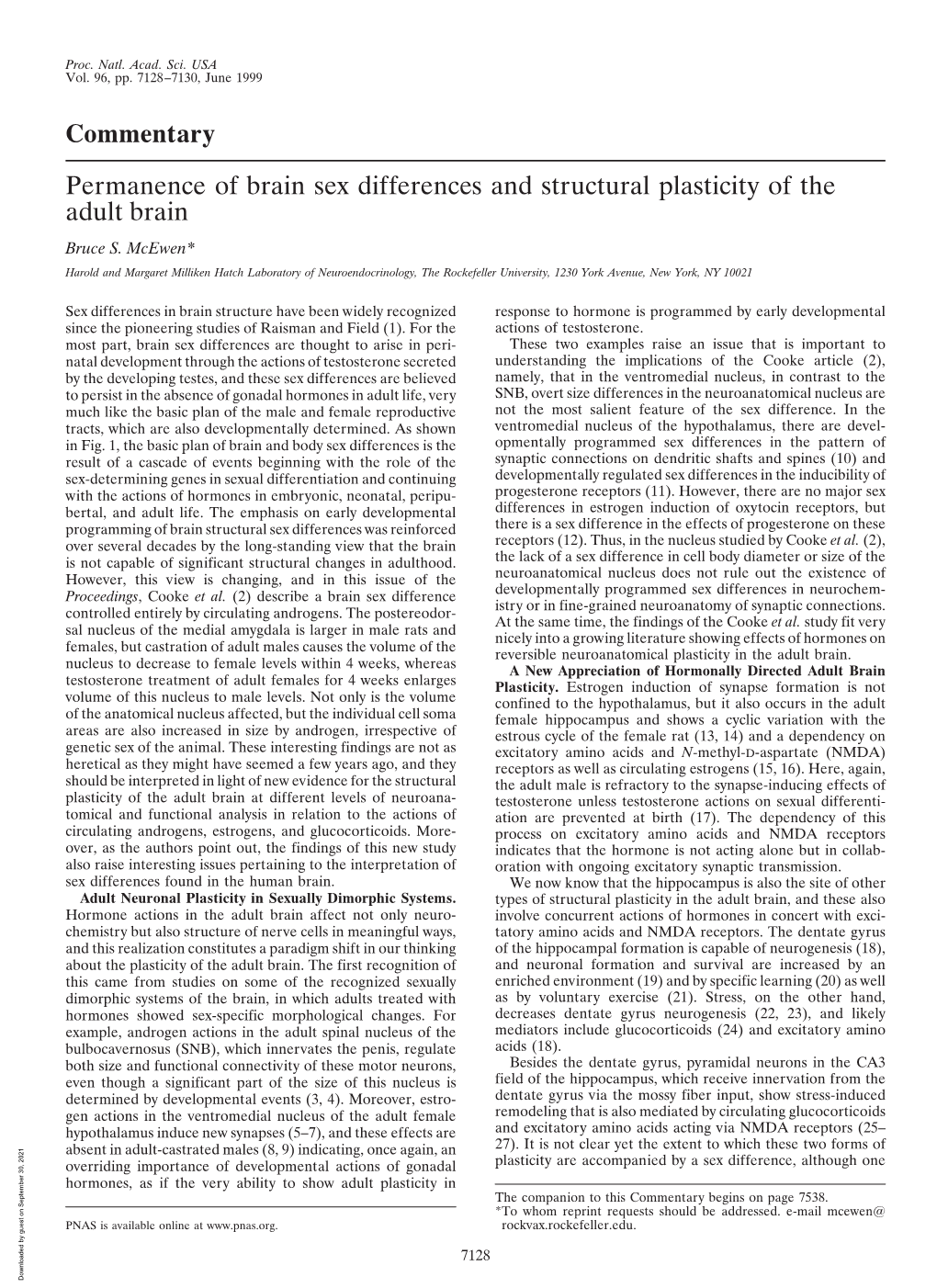 Permanence of Brain Sex Differences and Structural Plasticity of the Adult Brain Bruce S