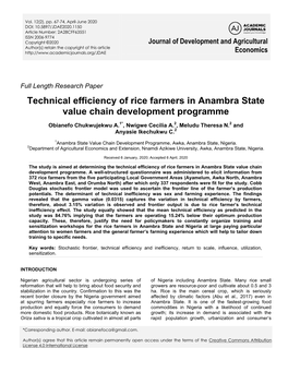 Technical Efficiency of Rice Farmers in Anambra State Value Chain Development Programme