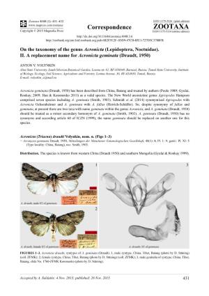 On the Taxonomy of the Genus Acronicta (Lepidoptera, Noctuidae). II. a Replacement Name for Acronicta Geminata (Draudt, 1950)