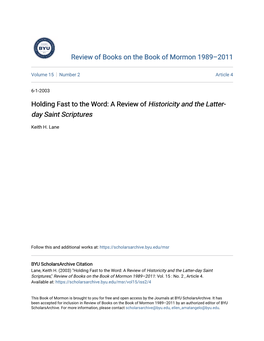 A Review of Historicity and the Latter-Day Saint Scriptures," Review of Books on the Book of Mormon 1989–2011: Vol