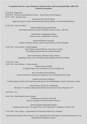 Crossing the North Sea: Anna of Denmark, Cultural Transfer, and Transnational Politics (1589-1619) Conference Programme