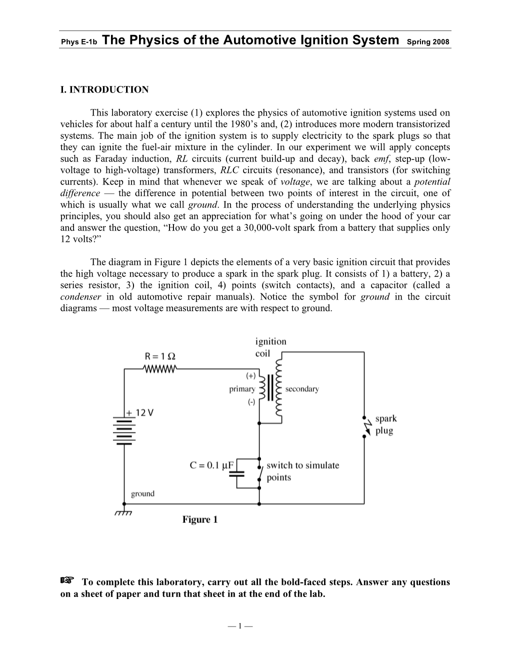 Phys E-1B the Physics of the Automotive Ignition System Spring 2008