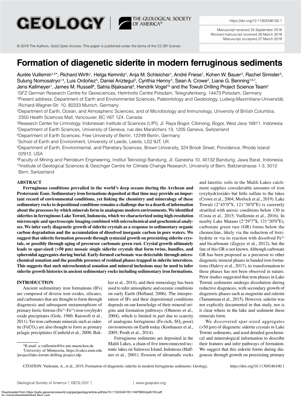 Formation of Diagenetic Siderite in Modern Ferruginous Sediments Aurèle Vuillemin1,2*, Richard Wirth1, Helga Kemnitz1, Anja M