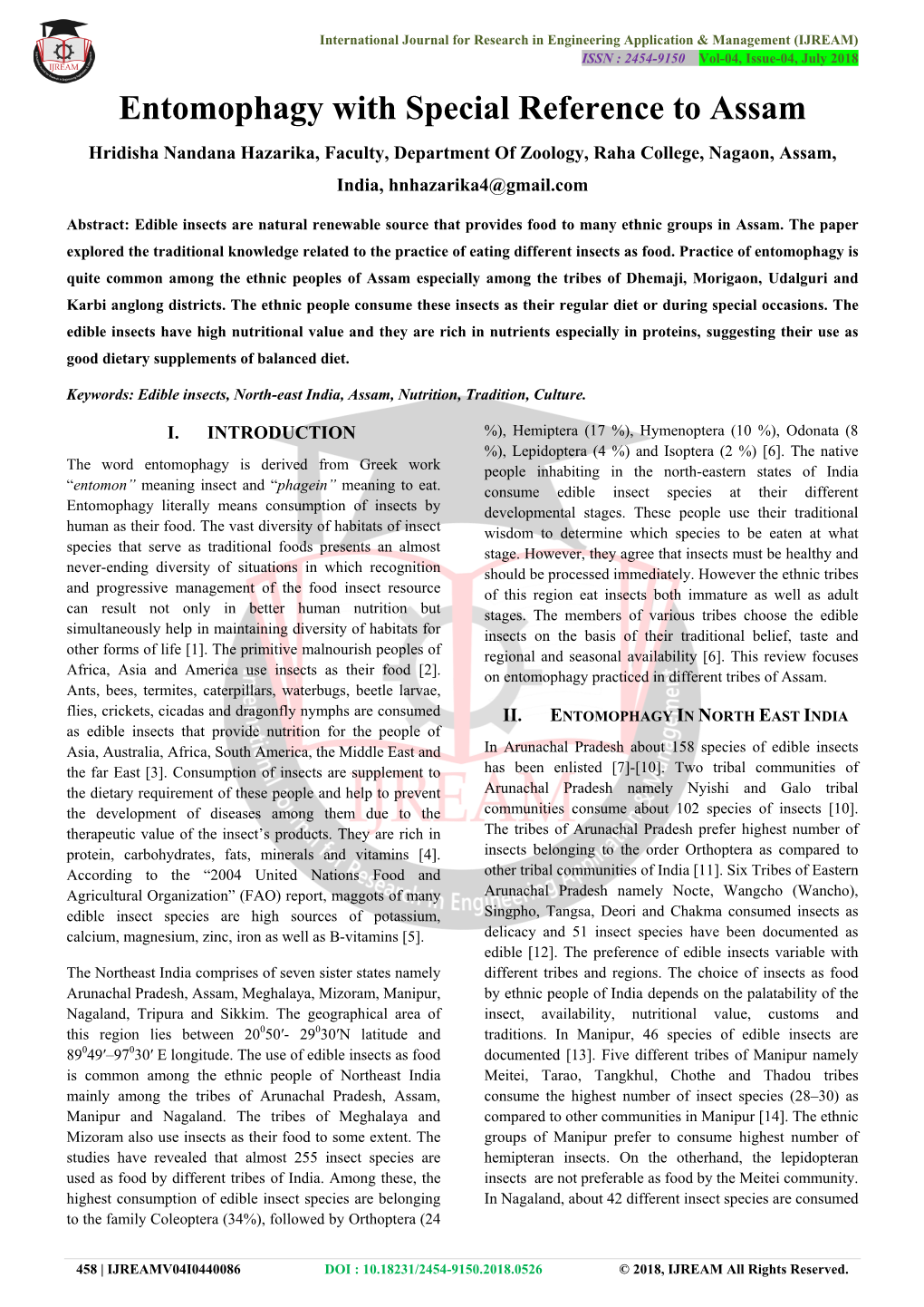 Entomophagy with Special Reference to Assam Hridisha Nandana Hazarika, Faculty, Department of Zoology, Raha College, Nagaon, Assam, India, Hnhazarika4@Gmail.Com