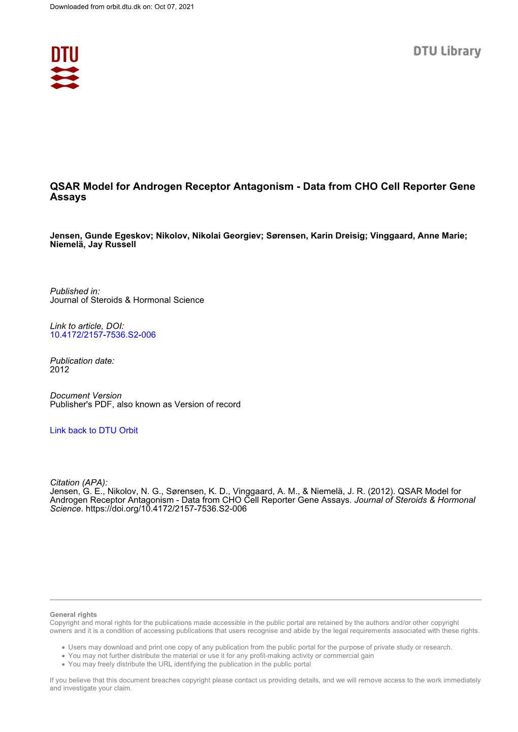 QSAR Model for Androgen Receptor Antagonism - Data from CHO Cell Reporter Gene Assays