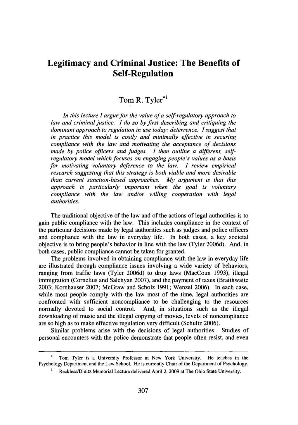 Legitimacy and Criminal Justice: the Benefits of Self-Regulation