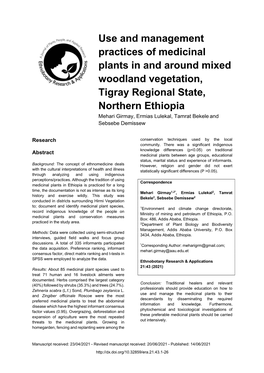 Use and Management Practices of Medicinal Plants in and Around Mixed Woodland Vegetation