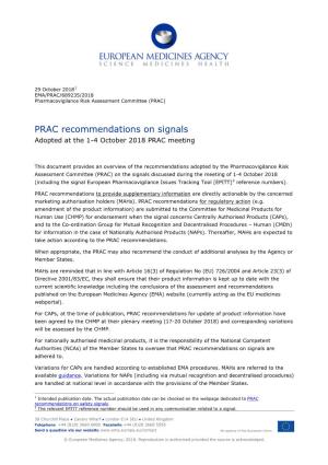 PRAC Recommendations on Signals October 2018
