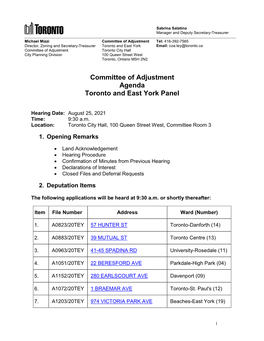 Committee of Adjustment Toronto and East York, Hearing Agenda, August