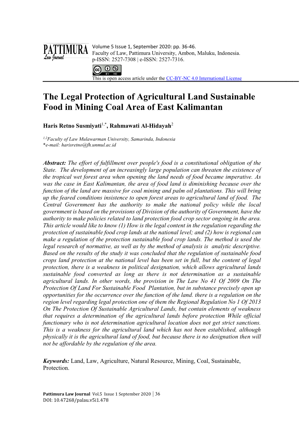 The Legal Protection of Agricultural Land Sustainable Food in Mining Coal Area of East Kalimantan