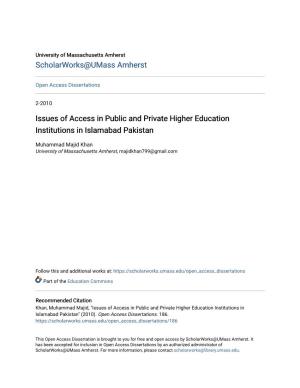 Issues of Access in Public and Private Higher Education Institutions in Islamabad Pakistan