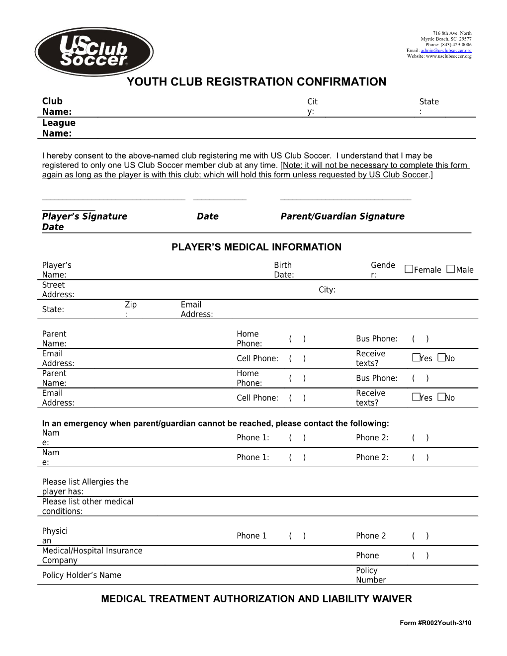 Youth Club Registration Confirmation