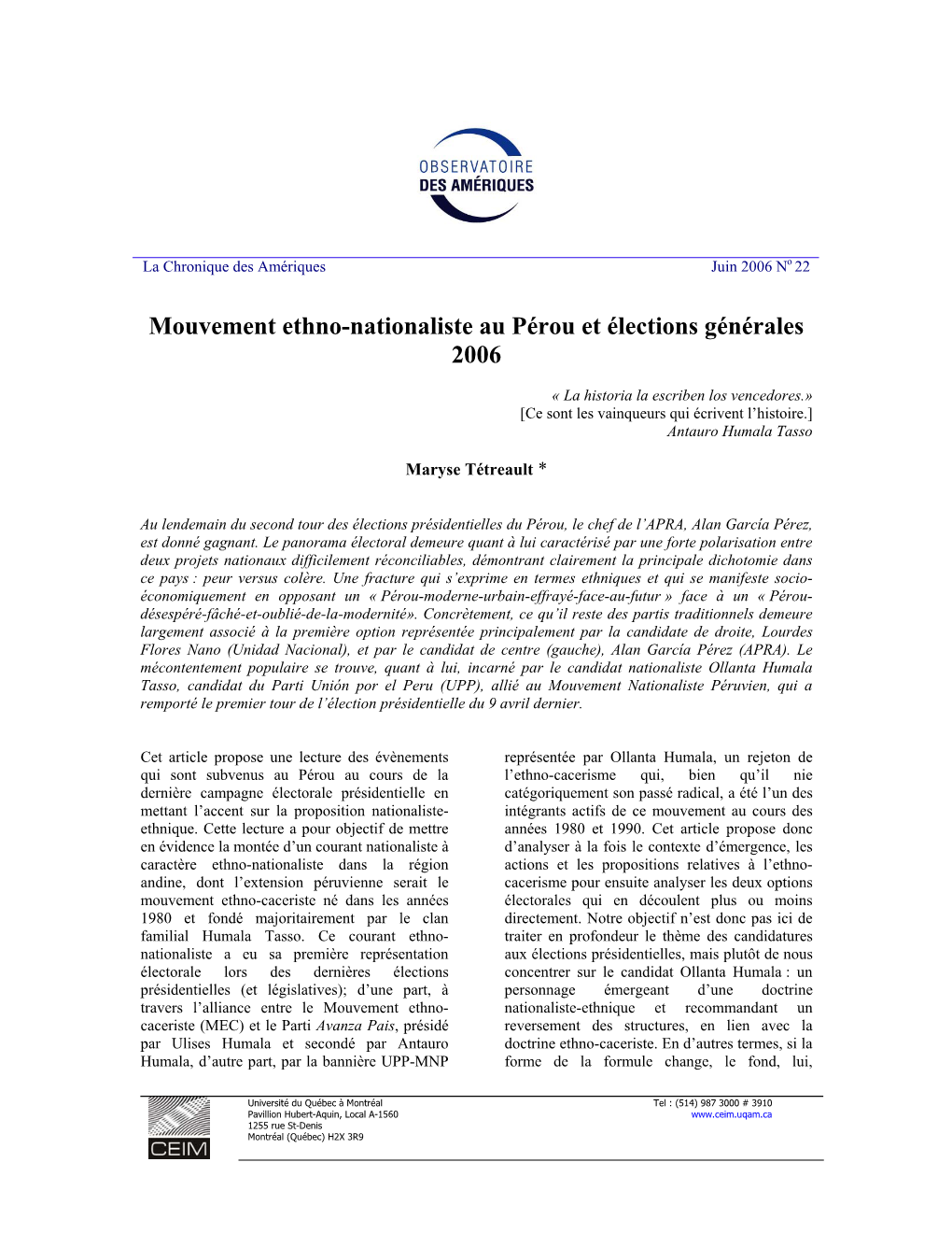 Mouvement Ethno-Nationaliste Au Pérou Et Élections Générales 2006