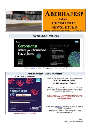 ABERHAFESP Interim COMMUNITY NEWSLETTER (During Coronavirus Lockdown) Spring 2020