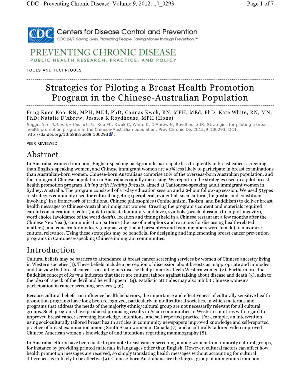 Strategies for Piloting a Breast Health Promotion Program in the Chinese-Australian Population