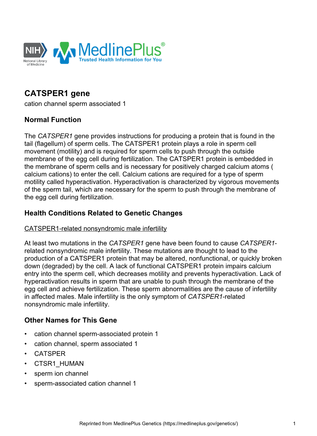 CATSPER1 Gene Cation Channel Sperm Associated 1