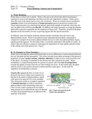 BIOL 221 – Concepts of Botany Topic 12: Water Relations, Osmosis and Transpiration
