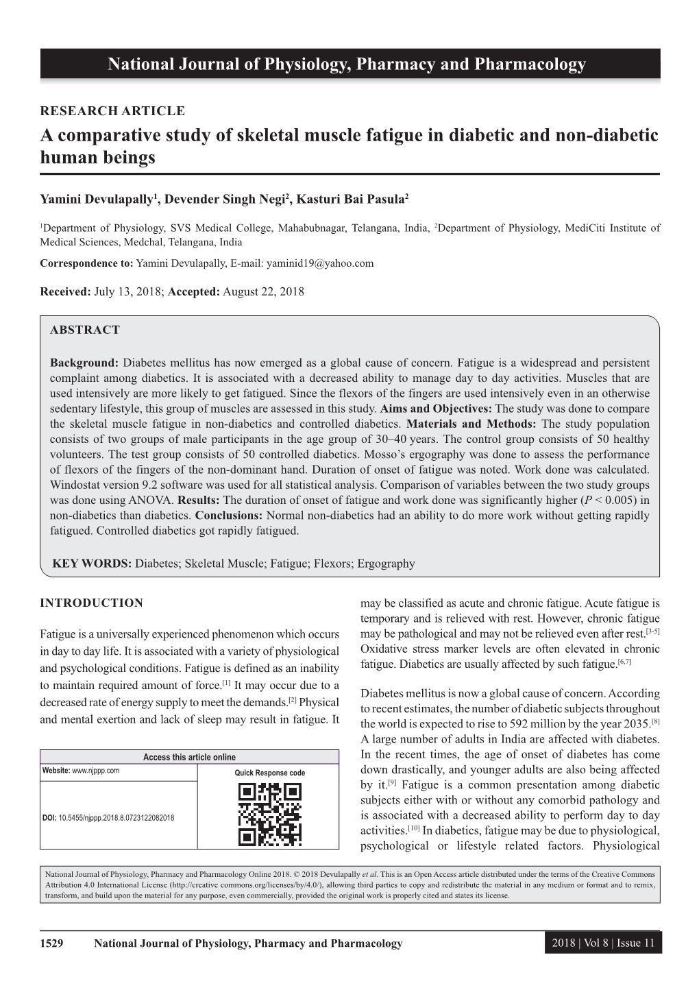 A Comparative Study of Skeletal Muscle Fatigue in Diabetic and Non-Diabetic Human Beings