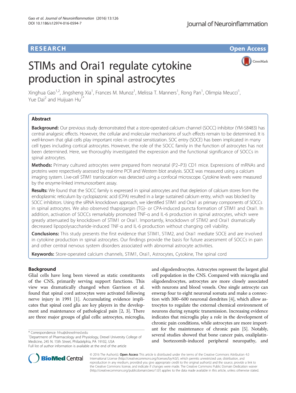 Stims and Orai1 Regulate Cytokine Production in Spinal Astrocytes Xinghua Gao1,2, Jingsheng Xia1, Frances M