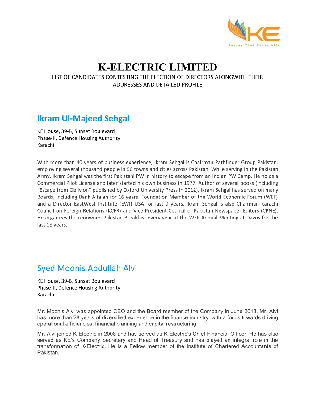 K-Electric Limited List of Candidates Contesting the Election of Directors Alongwith Their Addresses and Detailed Profile