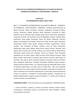 Estatuto Do Consórcio Intermunicipal De Saúde Da Rede De Urgência Do Nordeste / Jequitinhonha - Cisnorje