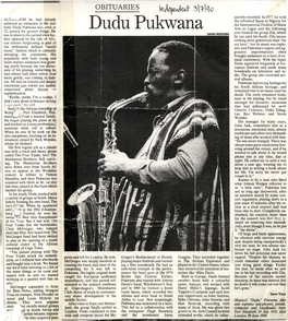 Dudu Pukwana Was, Even at Dudu Pukwana Arts in Lagos and the Following 52, Poised for Greater Things