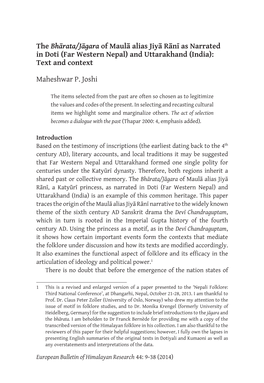 The Bhārata/Jāgara of Maulā Alias Jiyā Rānī As Narrated in Doti (Far Western Nepal) and Uttarakhand (India): Text and Context