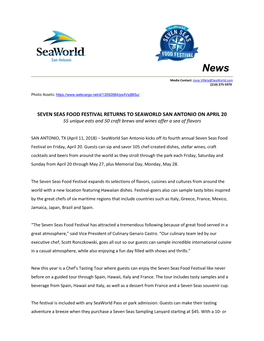 SEVEN SEAS FOOD FESTIVAL RETURNS to SEAWORLD SAN ANTONIO on APRIL 20 55 Unique Eats and 50 Craft Brews and Wines Offer a Sea of Flavors