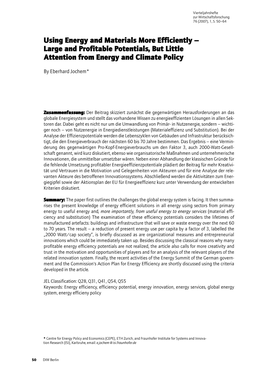 Using Energy and Materials More Efficiently – Large and Profitable Potentials, but Little Attention from Energy and Climate Policy