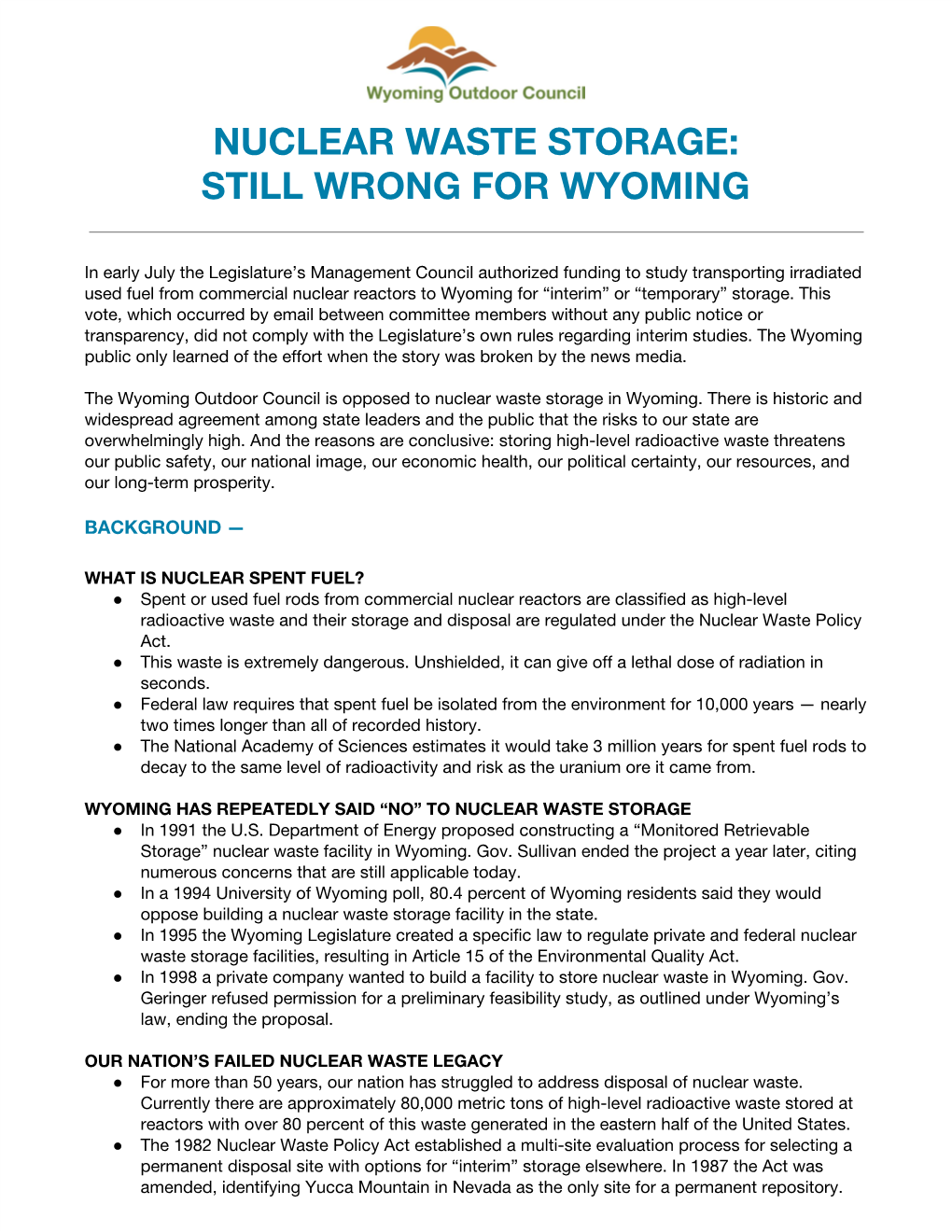 Nuclear Waste Storage: Still Wrong for Wyoming