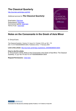 Notes on the Consonants in the Greek of Asia Minor