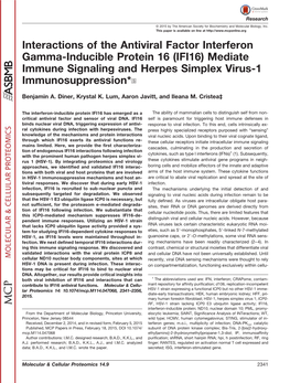 Interactions of the Antiviral Factor Interferon Gamma-Inducible Protein 16 (IFI16) Mediate Immune Signaling and Herpes Simplex Virus-1 Immunosuppression*□S
