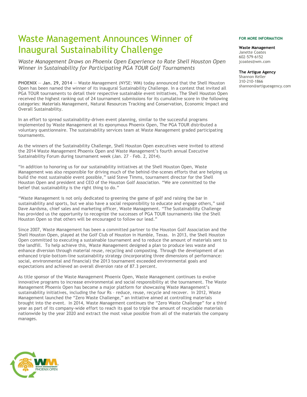 WASTE MANAGEMENT ANNOUNCES WINNER of INAUGURAL SUSTAINABILITY CHALLENGE Page 2 of 2