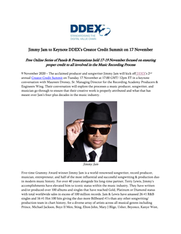 Jimmy Jam to Keynote DDEX's Creator Credit Summit on 17