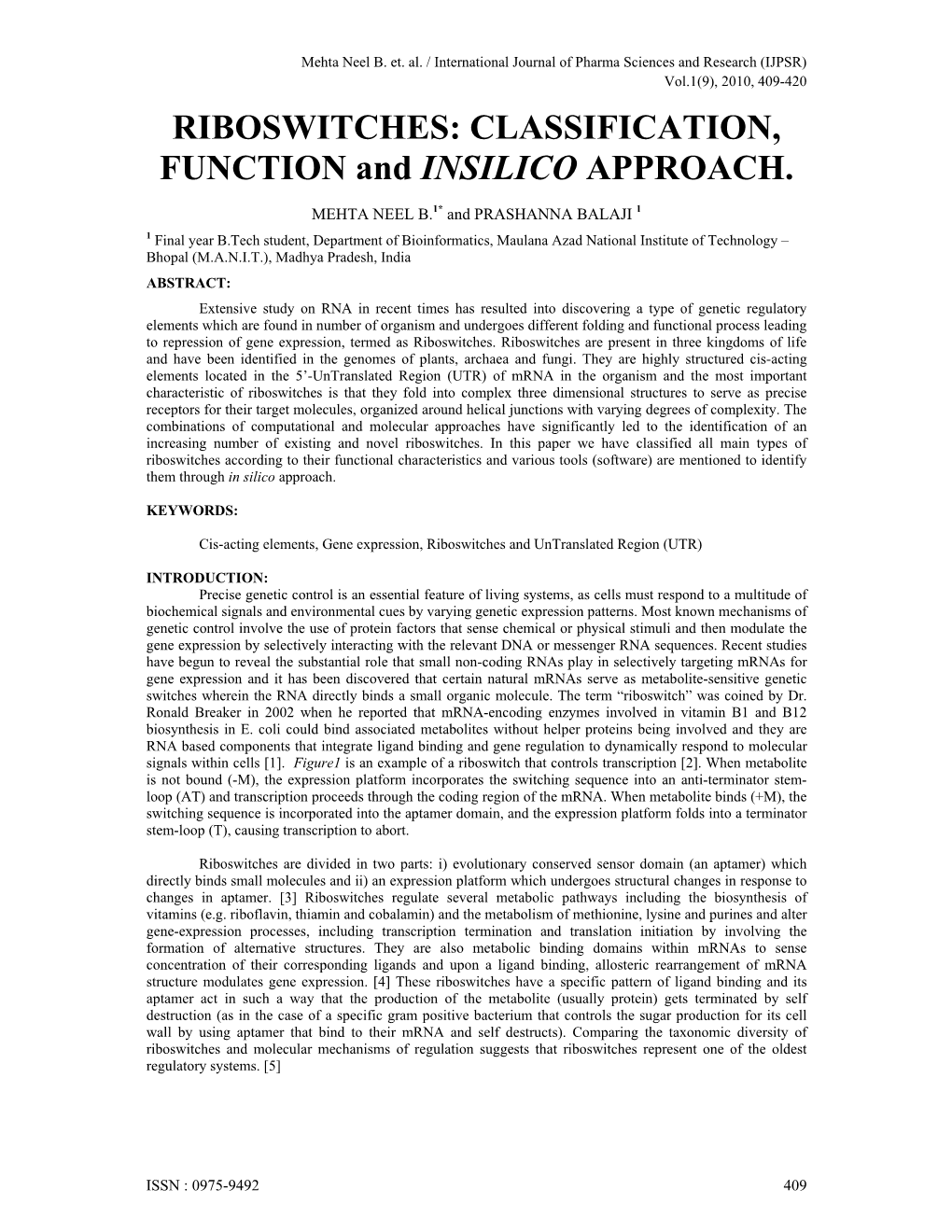 RIBOSWITCHES: CLASSIFICATION, FUNCTION and INSILICO APPROACH