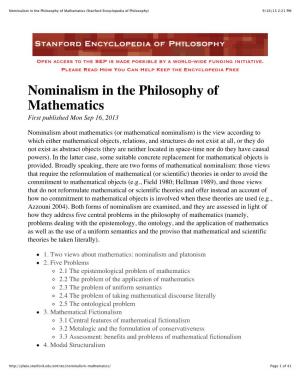 Nominalism in the Philosophy of Mathematics (Stanford Encyclopedia of Philosophy) 9/16/13 2:21 PM