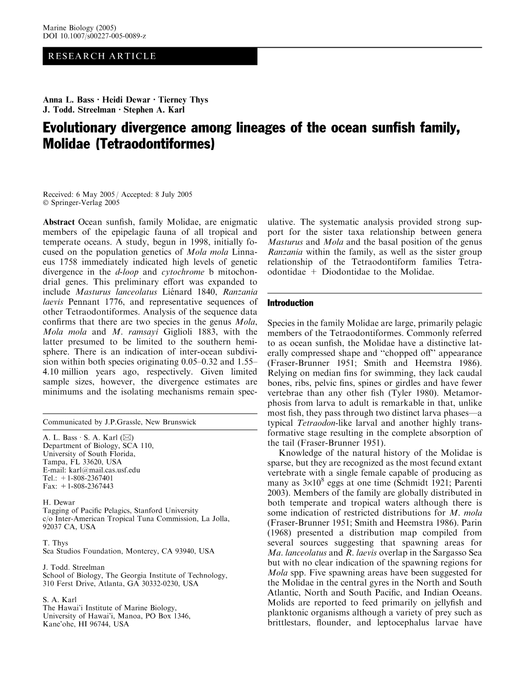 Evolutionary Divergence Among Lineages of the Ocean Sunfish Family