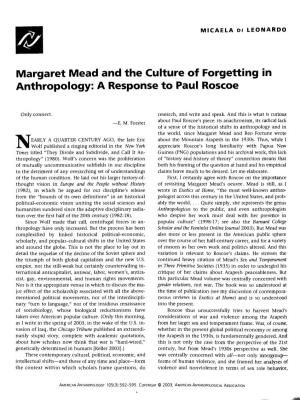 Margaret Mead and the Culture of Forgetting in Anthropology: a Response to Paul Roscoe