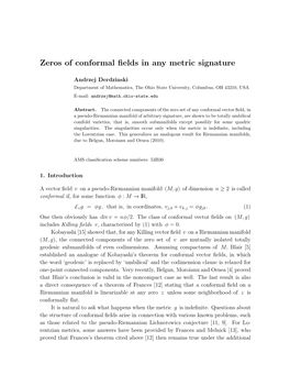 Zeros of Conformal Fields in Any Metric Signature