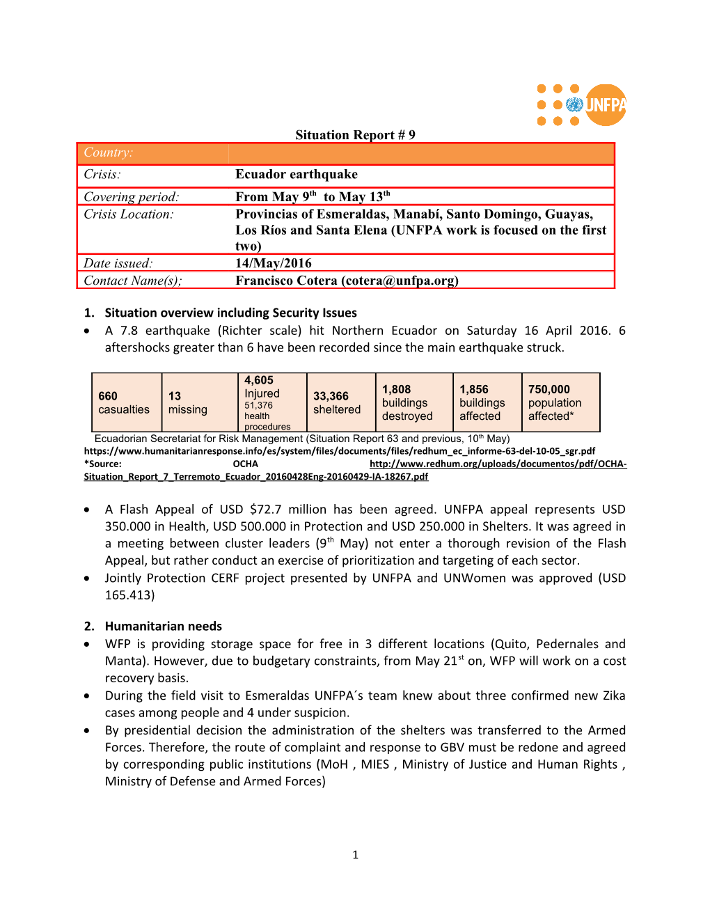 The UNFPA Standard Operating Procedures for Humanitarian Settings