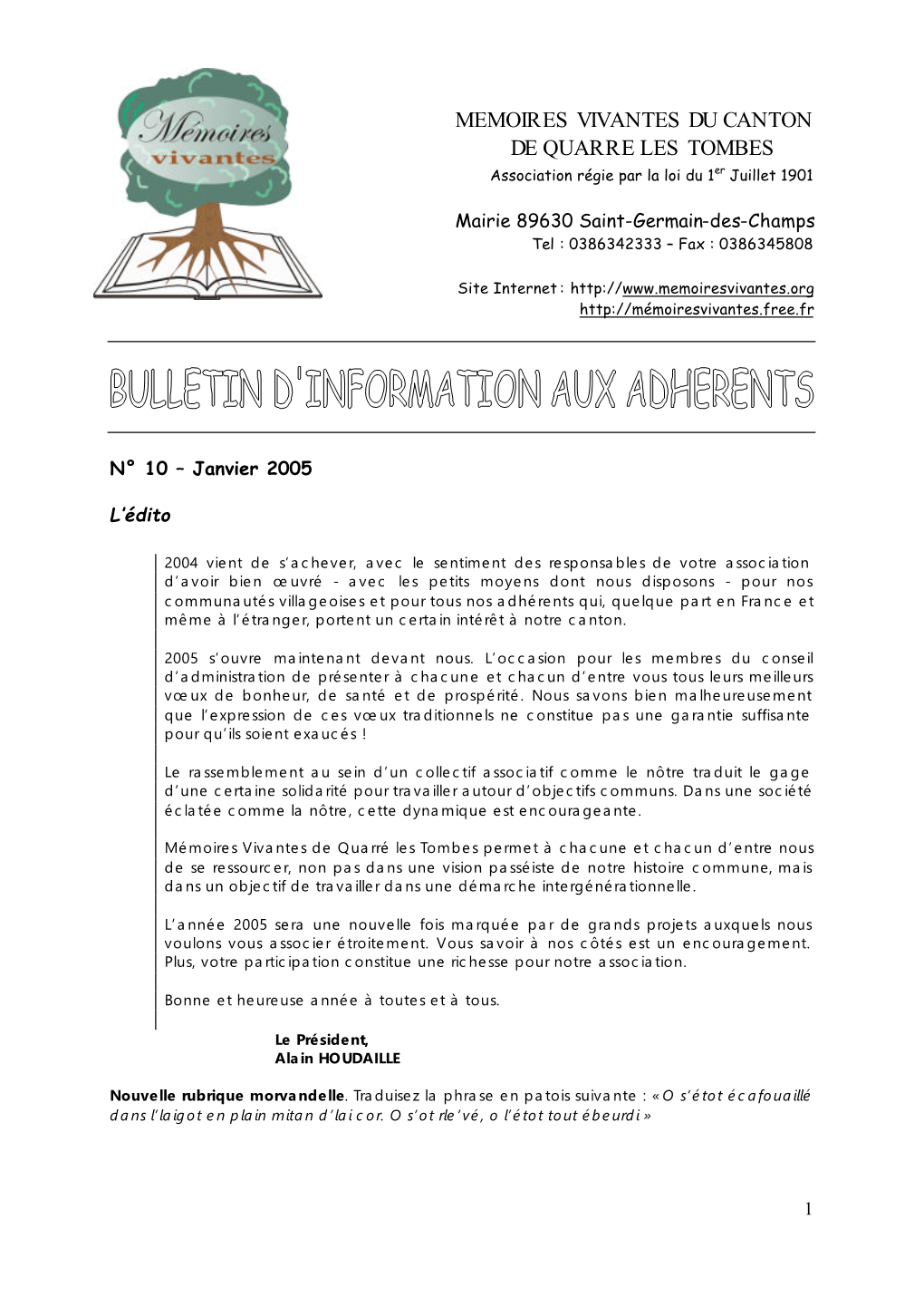 MEMOIRES VIVANTES DU CANTON DE QUARRE LES TOMBES Association Régie Par La Loi Du 1Er Juillet 1901