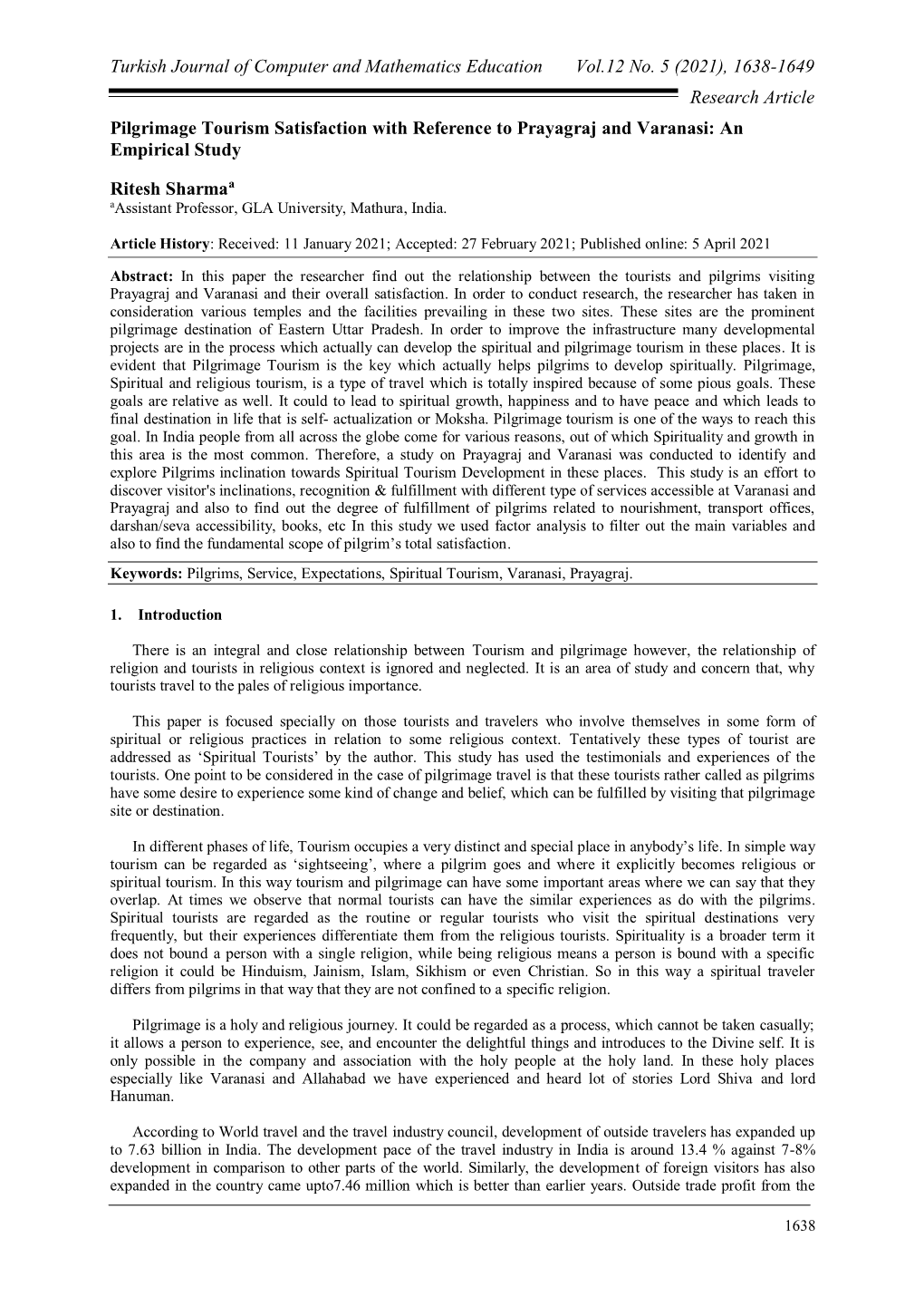 1638-1649 Research Article Pilgrimage Tourism Satisfaction with Reference to Prayagraj and Varanasi: an Empirical Study