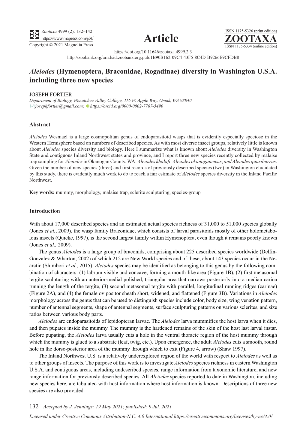 Aleiodes (Hymenoptera, Braconidae, Rogadinae) Diversity in Washington U.S.A